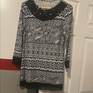 Indigo Soul Black and White Graphic Tunic with Bib Collar